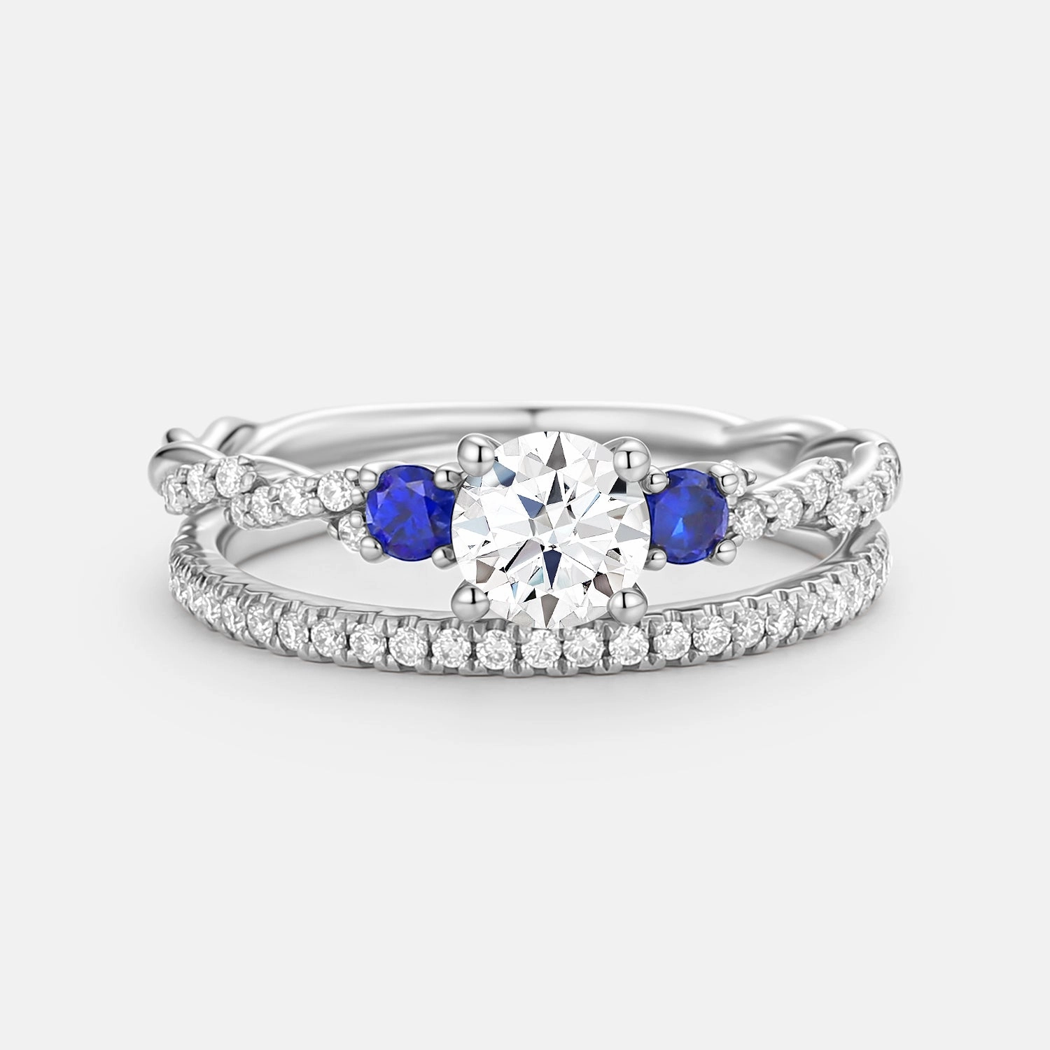 Minimal Glow Round Cut Moissanite & Lab Sapphire Cluster Engagement Ring Set 2pcs - Clara