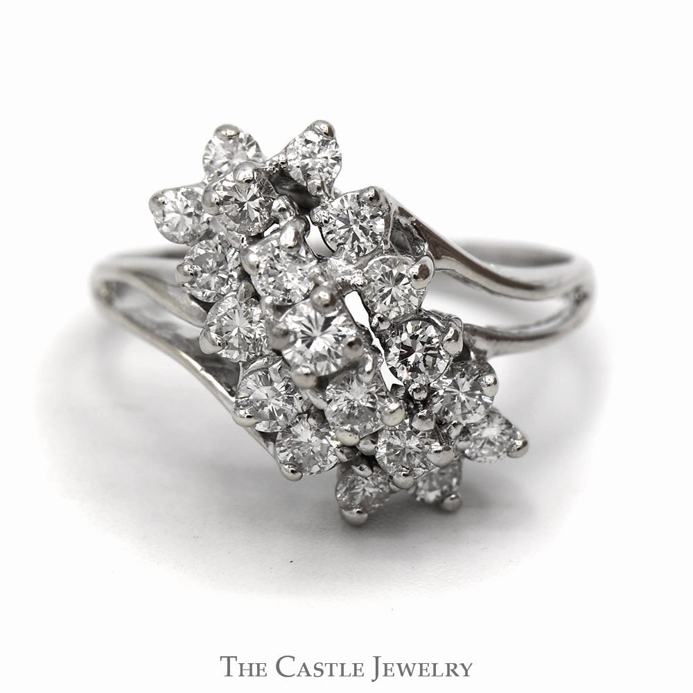 3/4cttw Diamond Waterfall Cluster Ring in 14k White Gold Split Shank Design Designer Article Chic Finish