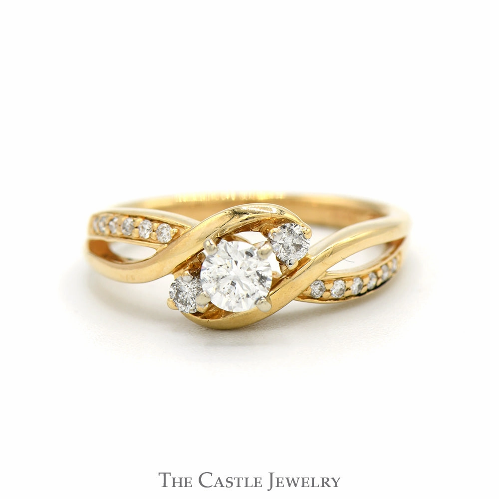 All Occasions Delicate Shine Triple Diamond Bypass Ring with Diamond Accented Open Sides in 14k Yellow Gold