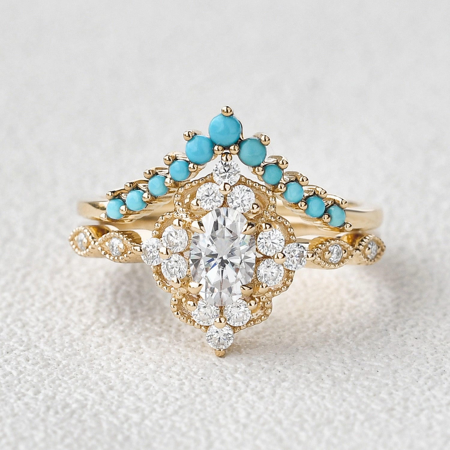 Creative Detail 1.0ct Bohemian Moissanite Vintage Halo Ring Set 2pcs