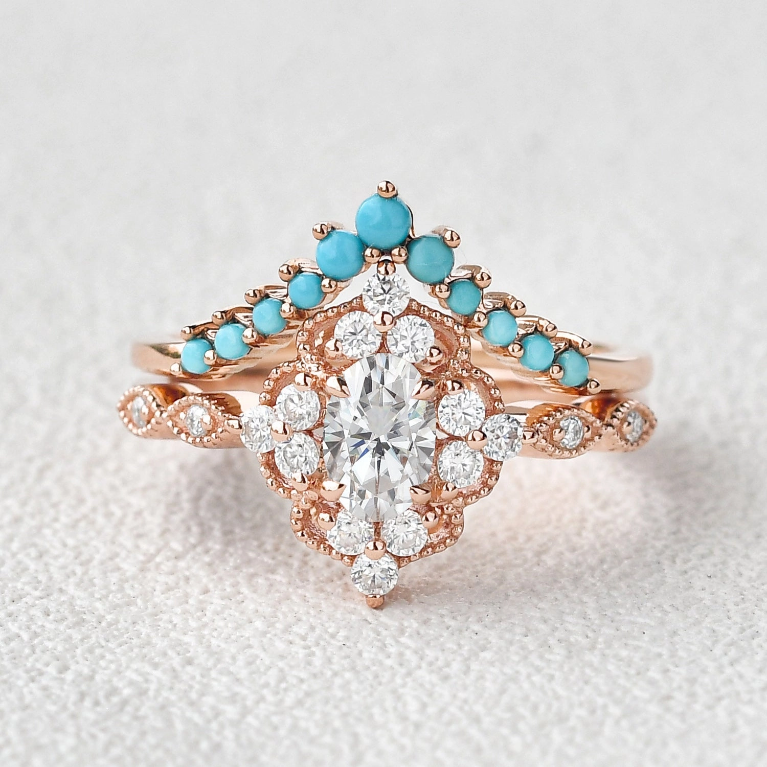 1.0ct Bohemian Moissanite Vintage Halo Ring Set 2pcs Street Chic