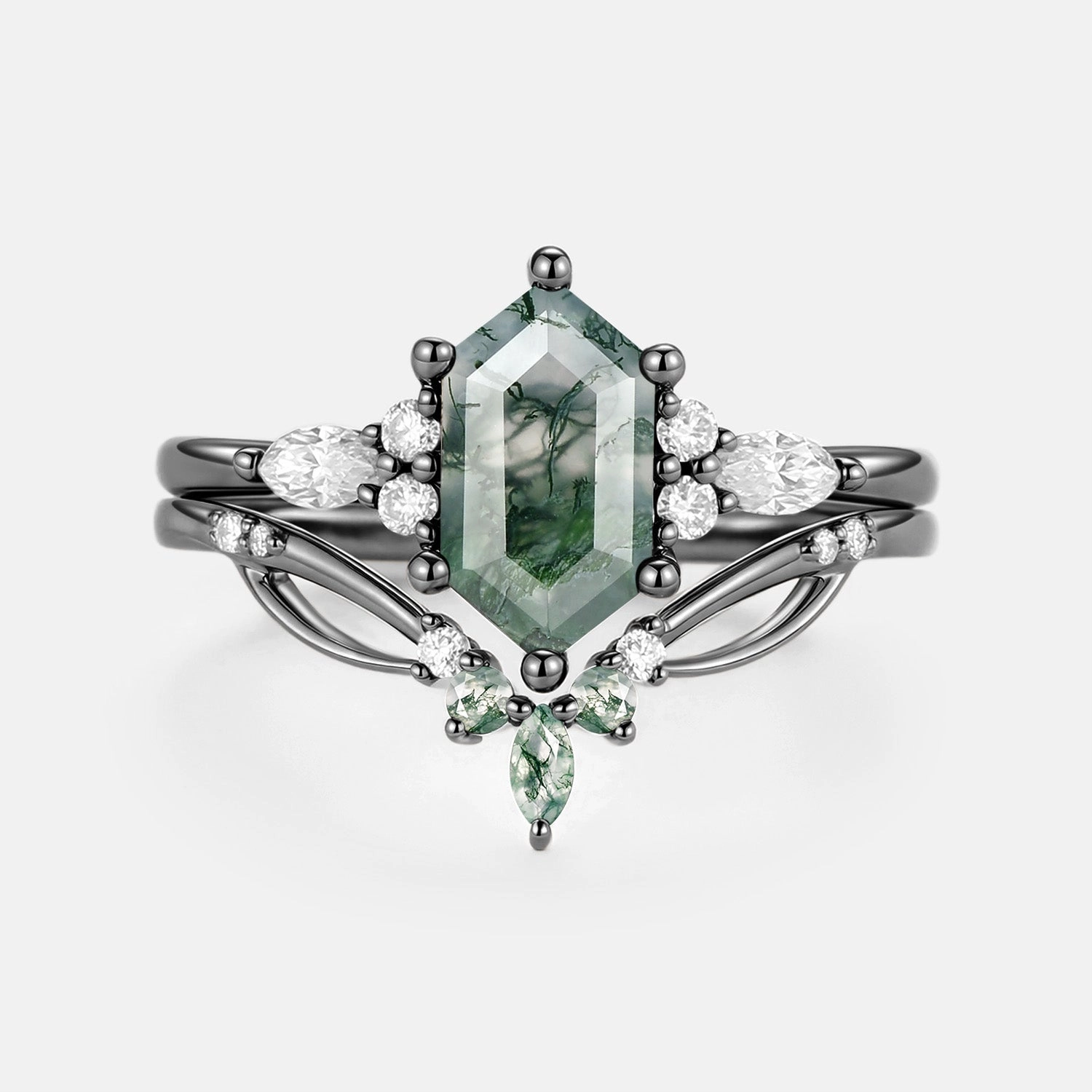 Moss Agate Long Hexagon Vintage Vine Engagement Ring Set 2pcs - Nyssa Minimal Piece