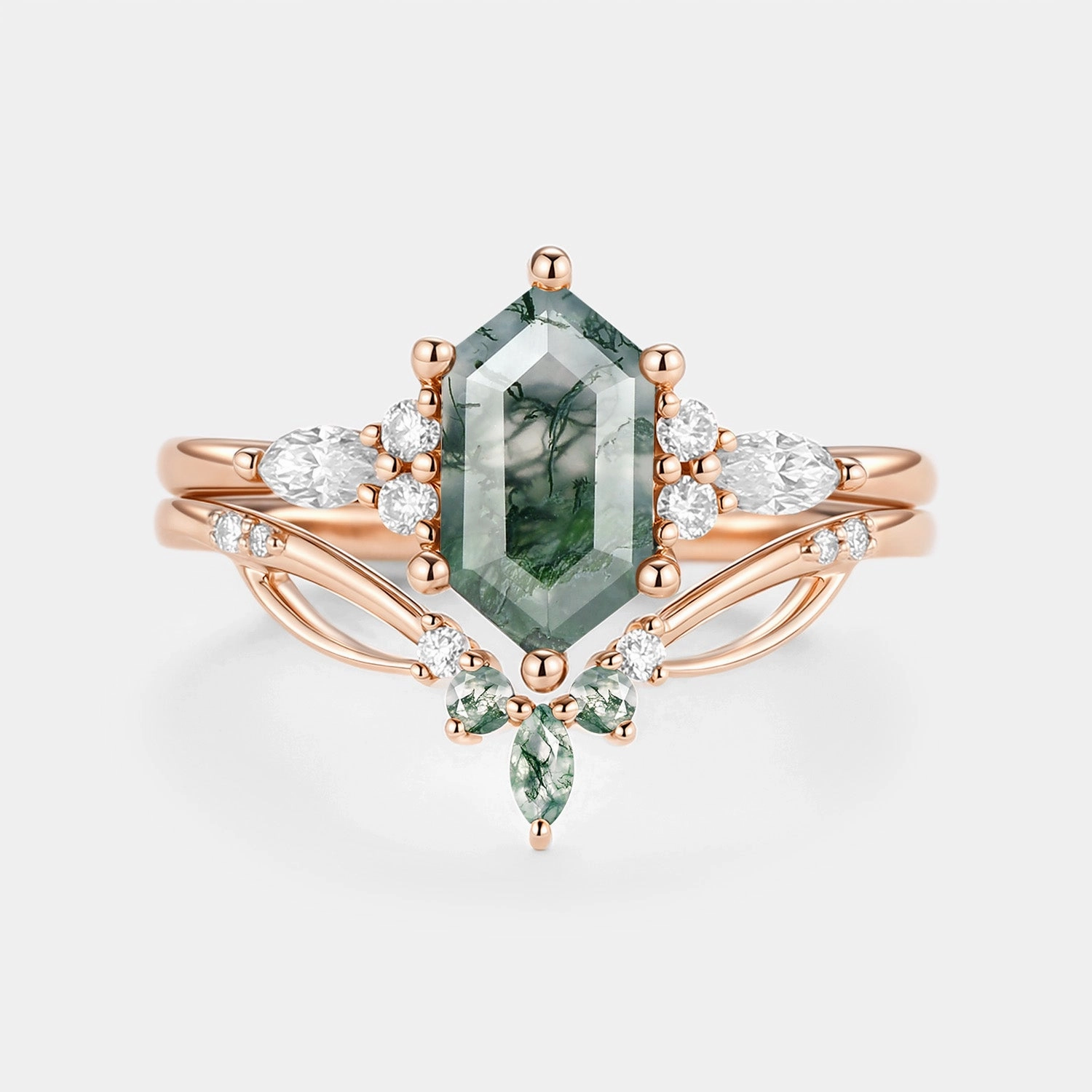 Cocktail Hour Moss Agate Long Hexagon Vintage Vine Engagement Ring Set 2pcs - Nyssa