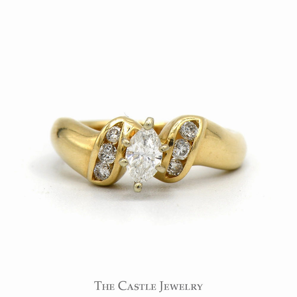 Marquise Cut Diamond Engagement Ring with Channel Set Diamond Accents in 14k Yellow Gold Stylish Look Polished Style