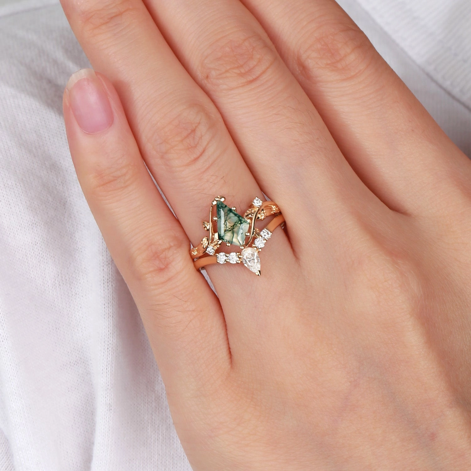 Unique Kite Cut Green Moss Agate Leafy Ring Sets 2pcs Festival Outfit Gift Fit