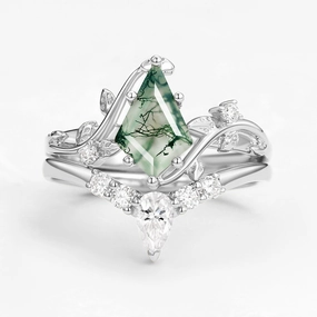 Unique Kite Cut Green Moss Agate Leafy Ring Sets 2pcs Graceful Charm