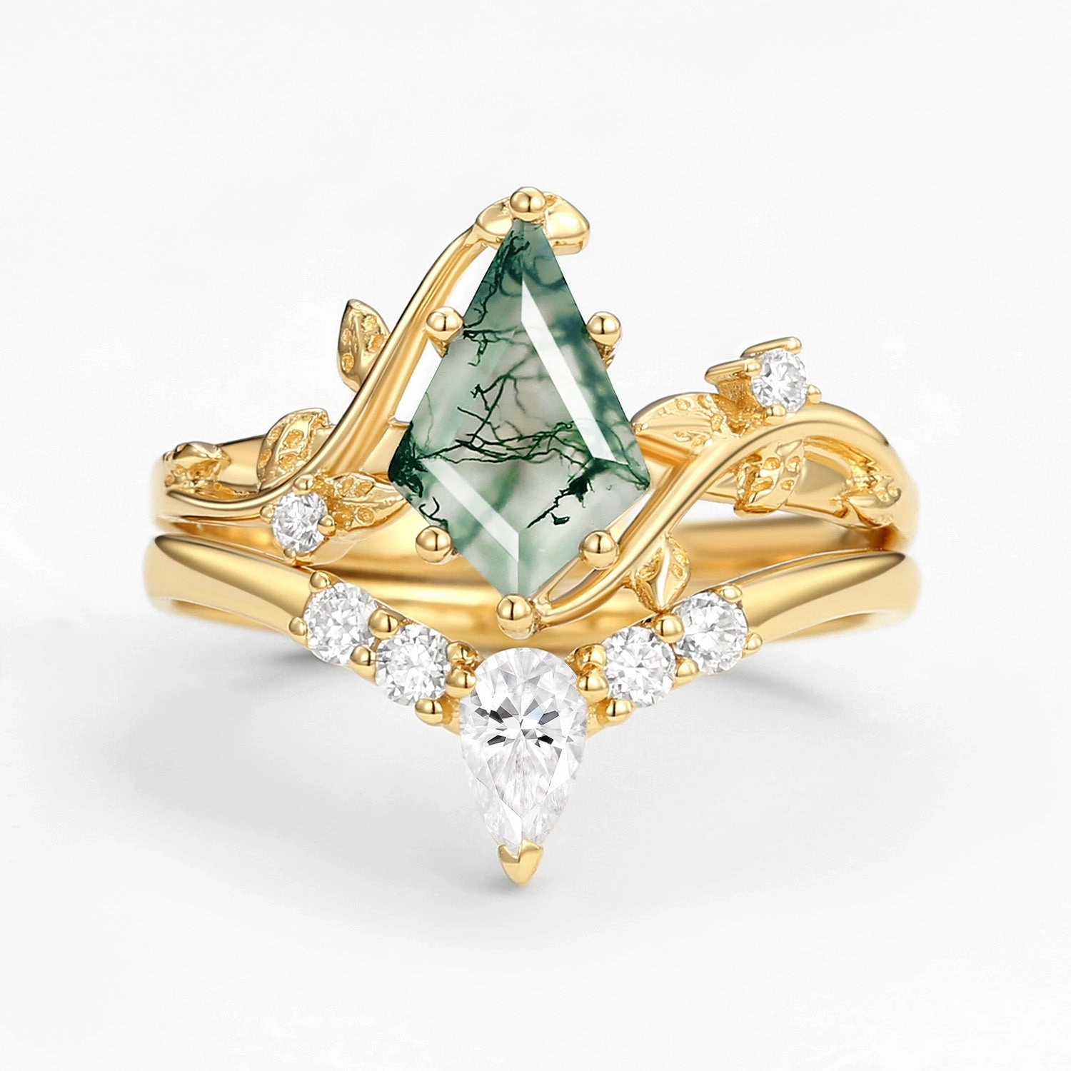 Unique Kite Cut Green Moss Agate Leafy Ring Sets 2pcs Glitter Finish Precious Craft