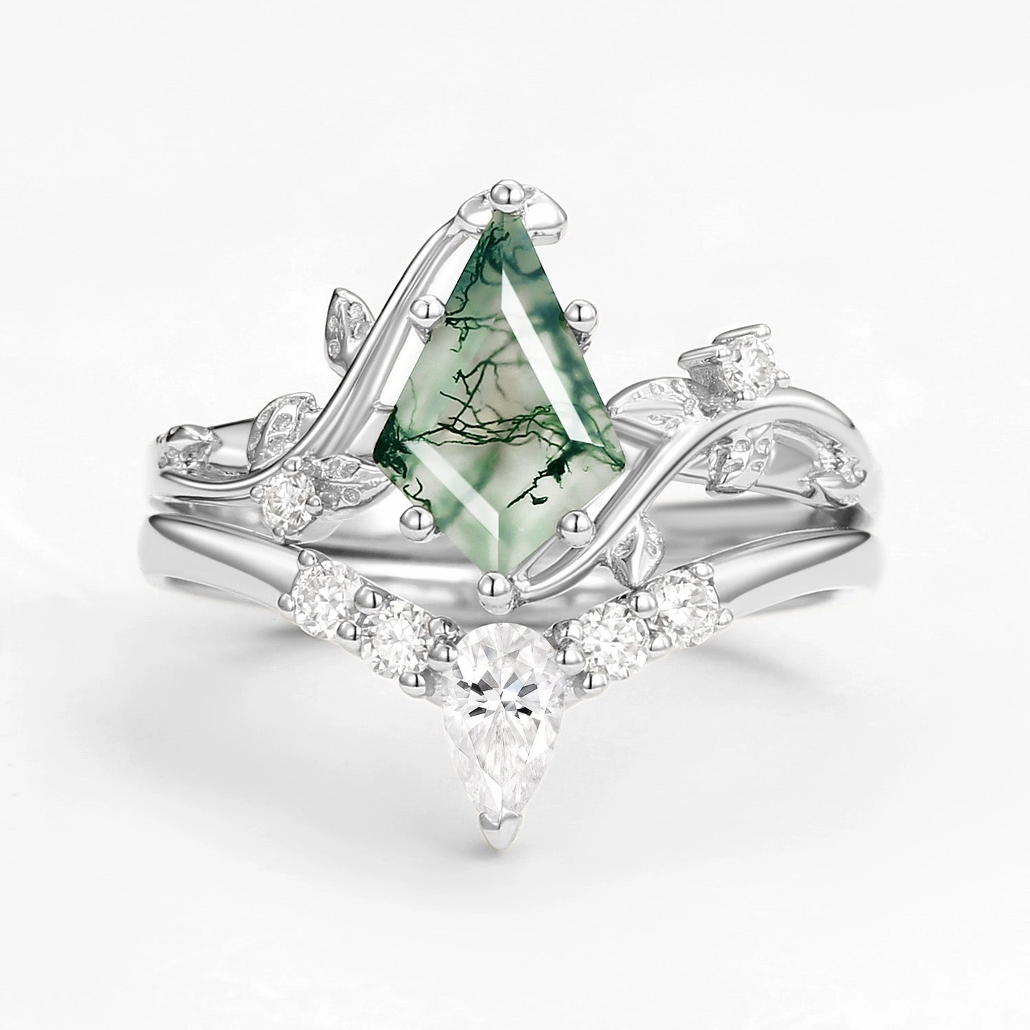 Unique Kite Cut Green Moss Agate Leafy Ring Sets 2pcs Graceful Charm