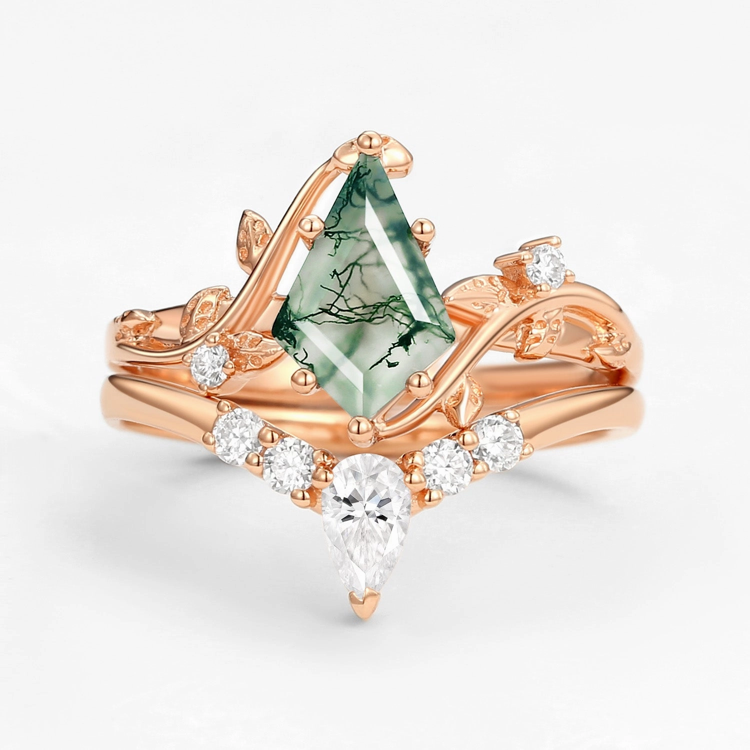 Unique Kite Cut Green Moss Agate Leafy Ring Sets 2pcs Formal Detail