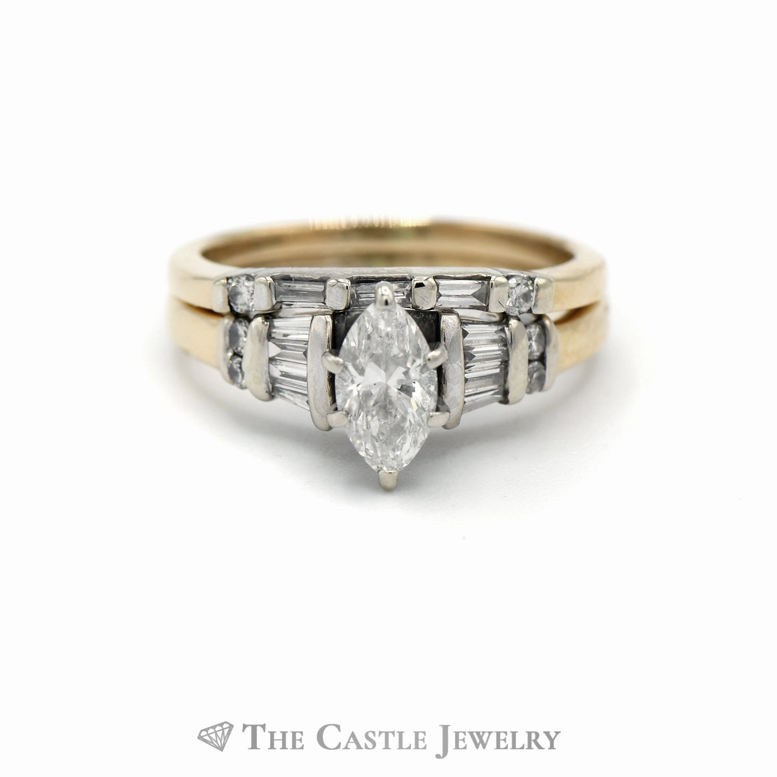 1CTTW Marquise Cut Bridal Set with Baguette & Round Diamond Accents in 14KT Yellow Gold Fine Object