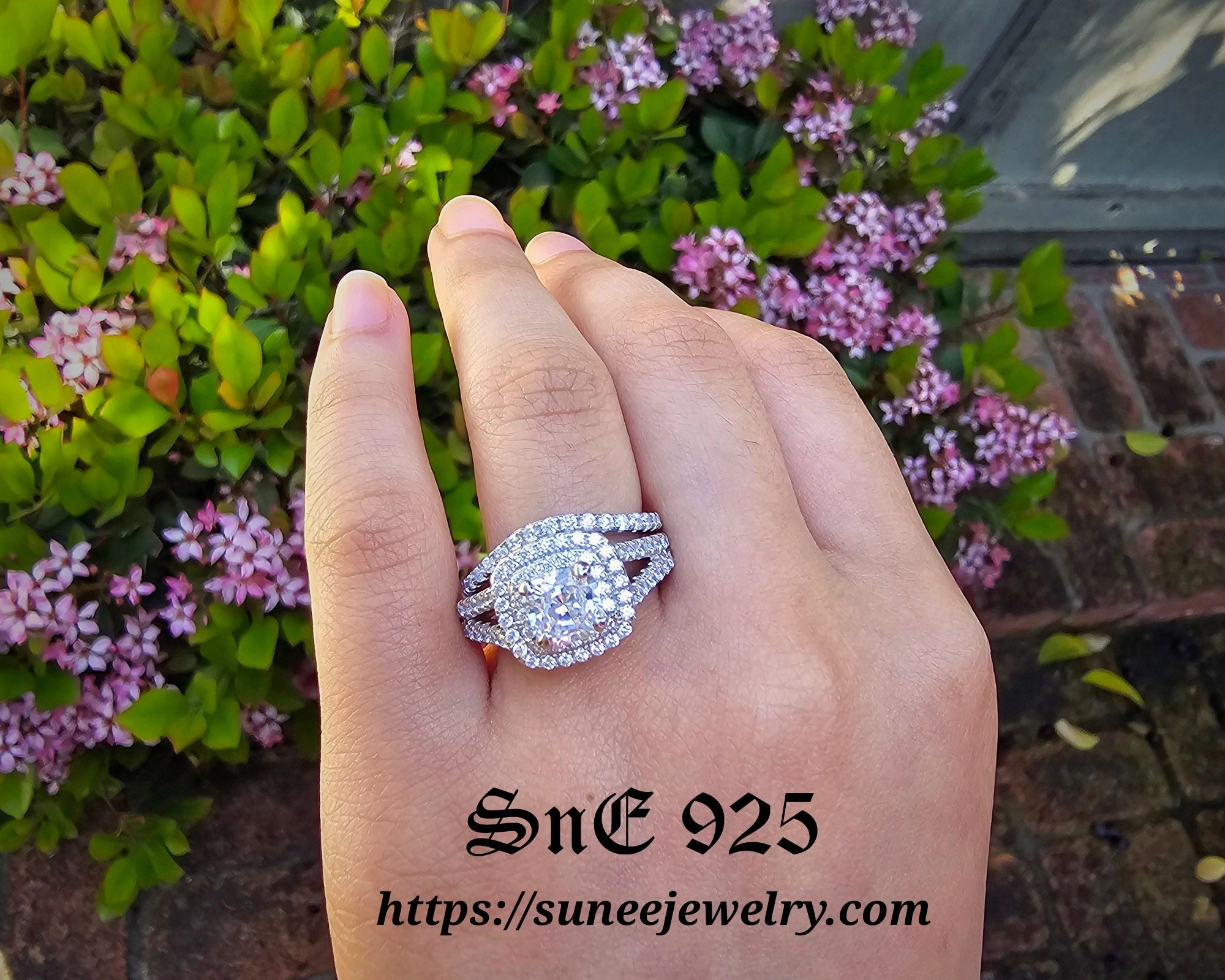 Customer Favorite 2.75ct Double Halo Cushion Wedding Ring Set Engagement Ring Diamond Simulated 925 Sterling Silver Bridal Set Ring SKU:00151