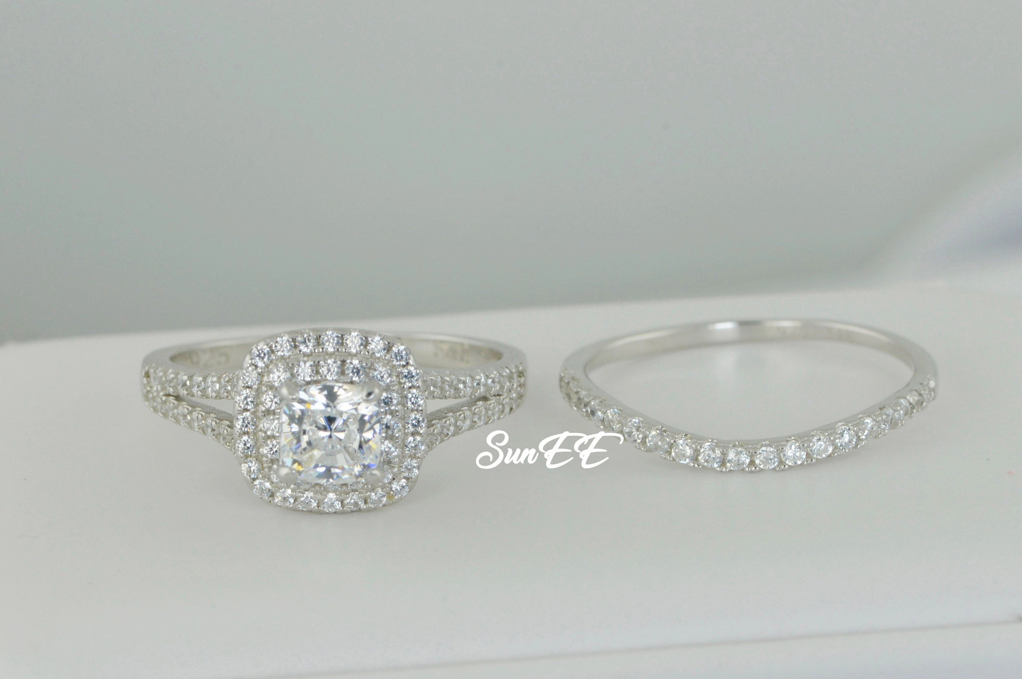 2.75ct Double Halo Cushion Wedding Ring Set Engagement Ring Diamond Simulated 925 Sterling Silver Bridal Set Ring SKU:00151 Vivid Accent Elegant Balance