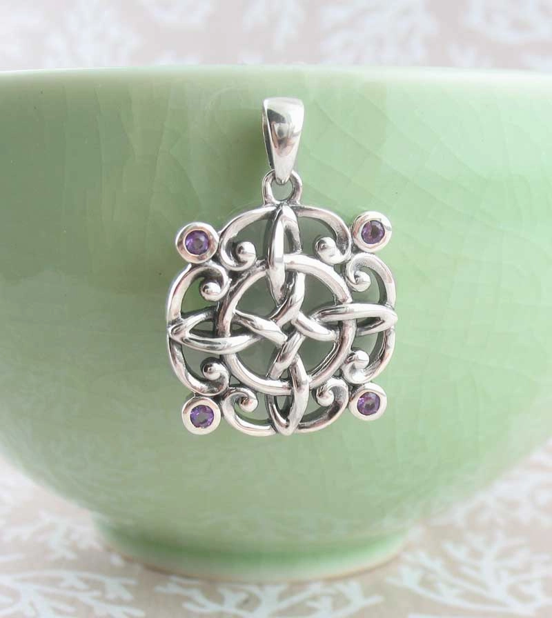 Ornate Witch's Knot Pendant with Amethyst Crystals Social Event Timeless Mood