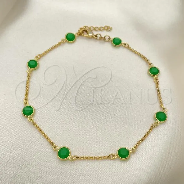 Oro Laminado Basic Anklet, Gold Filled Style Paperclip Design, with Green Crystal, Polished, Golden Finish, 03.02.0090.10