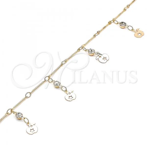 Oro Laminado Charm Anklet , Gold Filled Style Apple and Star Design, with White Crystal, Polished, Golden Finish, 03.213.0114.10
