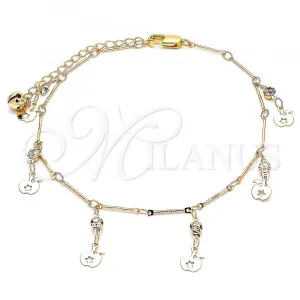 Oro Laminado Charm Anklet , Gold Filled Style Apple and Star Design, with White Crystal, Polished, Golden Finish, 03.213.0114.10