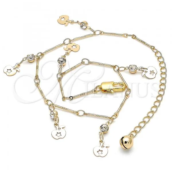 Oro Laminado Charm Anklet , Gold Filled Style Apple and Star Design, with White Crystal, Polished, Golden Finish, 03.213.0114.10