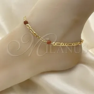 Oro Laminado Charm Anklet , Gold Filled Style Ball Design, with Brown Crystal, Polished, Golden Finish, 03.32.0603.10