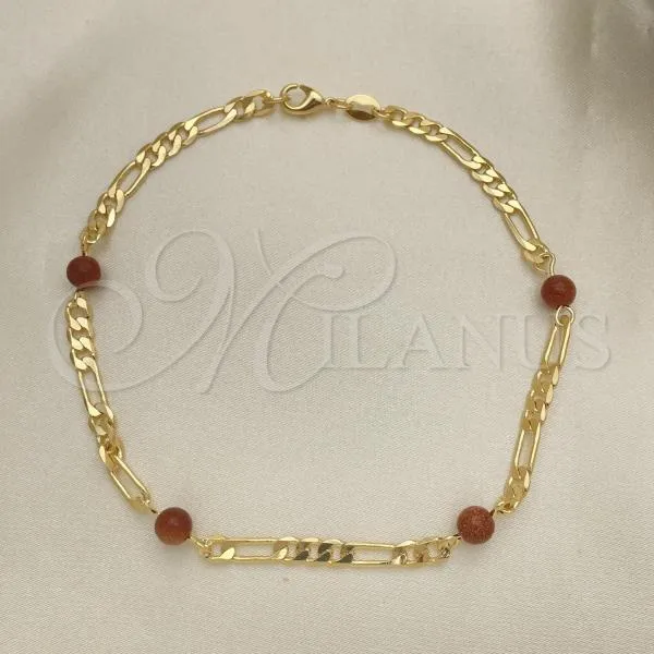 Oro Laminado Charm Anklet , Gold Filled Style Ball Design, with Brown Crystal, Polished, Golden Finish, 03.32.0603.10