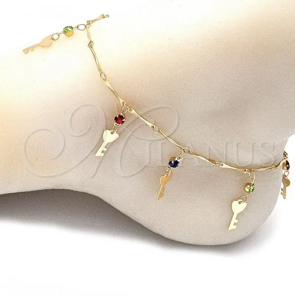 Oro Laminado Charm Anklet , Gold Filled Style key and Rattle Charm Design, with Multicolor Crystal, Polished, Golden Finish, 03.213.0092.1.10