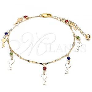 Oro Laminado Charm Anklet , Gold Filled Style key and Rattle Charm Design, with Multicolor Crystal, Polished, Golden Finish, 03.213.0092.1.10