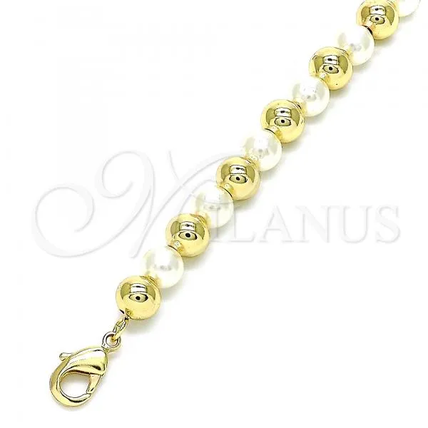 Oro Laminado Fancy Anklet, Gold Filled Style Ball Design, with Ivory Pearl, Polished, Golden Finish, 03.63.2228.10