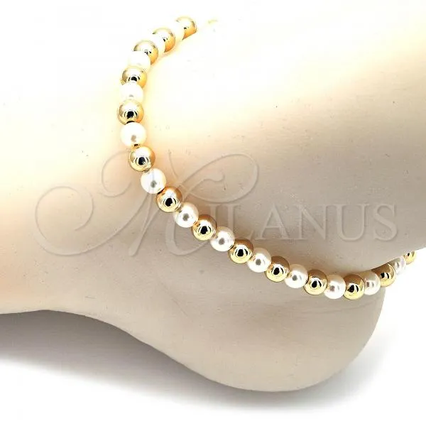 Oro Laminado Fancy Anklet, Gold Filled Style Ball Design, with Ivory Pearl, Polished, Golden Finish, 03.63.2228.10