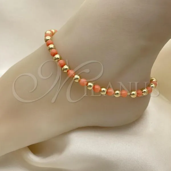 Oro Laminado Fancy Anklet, Gold Filled Style Ball Design, with Pink Pearl, Polished, Golden Finish, 03.63.2228.2.10