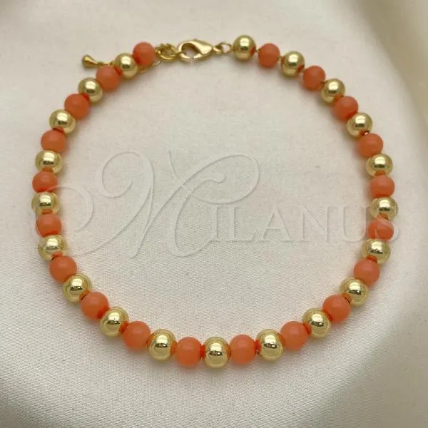 Oro Laminado Fancy Anklet, Gold Filled Style Ball Design, with Pink Pearl, Polished, Golden Finish, 03.63.2228.2.10