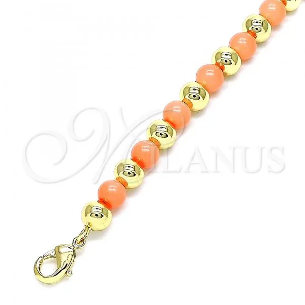 Oro Laminado Fancy Anklet, Gold Filled Style Ball Design, with Pink Pearl, Polished, Golden Finish, 03.63.2228.2.10