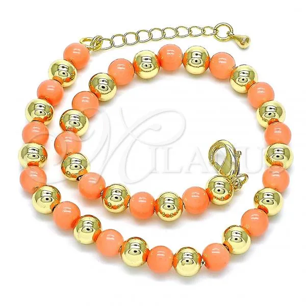 Oro Laminado Fancy Anklet, Gold Filled Style Ball Design, with Pink Pearl, Polished, Golden Finish, 03.63.2228.2.10