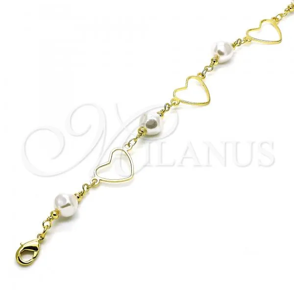Oro Laminado Fancy Anklet, Gold Filled Style Heart and Ball Design, with Ivory Pearl, Polished, Golden Finish, 03.386.0023.10
