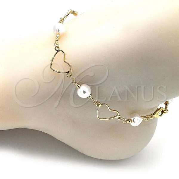 Oro Laminado Fancy Anklet, Gold Filled Style Heart and Ball Design, with Ivory Pearl, Polished, Golden Finish, 03.386.0023.10