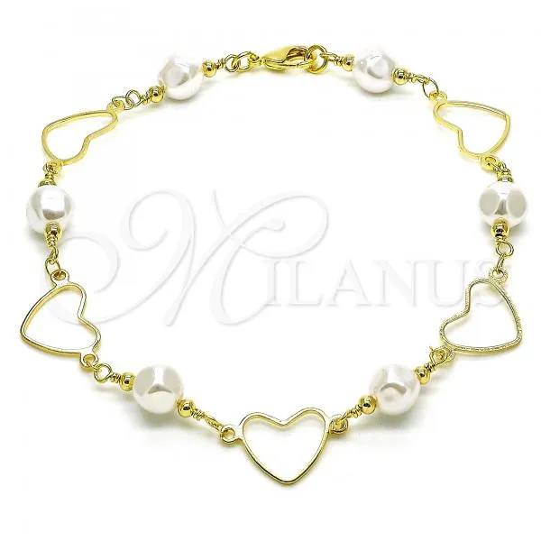 Oro Laminado Fancy Anklet, Gold Filled Style Heart and Ball Design, with Ivory Pearl, Polished, Golden Finish, 03.386.0023.10