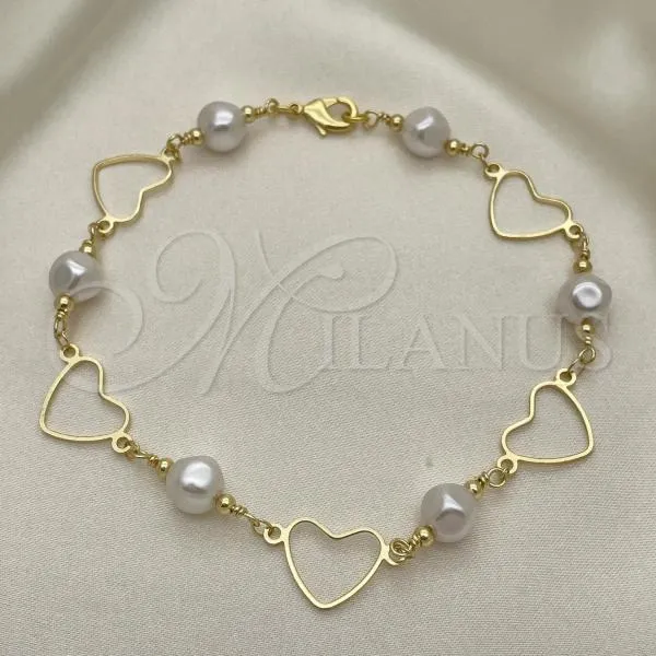 Oro Laminado Fancy Anklet, Gold Filled Style Heart and Ball Design, with Ivory Pearl, Polished, Golden Finish, 03.386.0023.10