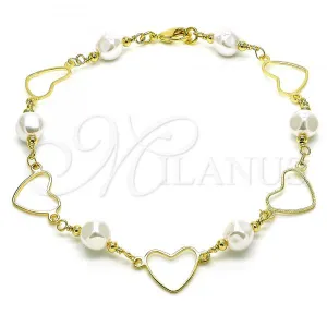 Oro Laminado Fancy Anklet, Gold Filled Style Heart and Ball Design, with Ivory Pearl, Polished, Golden Finish, 03.386.0023.10