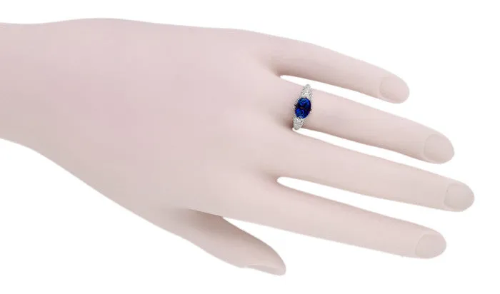 Oval Lab Created Blue Sapphire Filigree Edwardian Promise Ring in Sterling Silver - 1.25 Carats