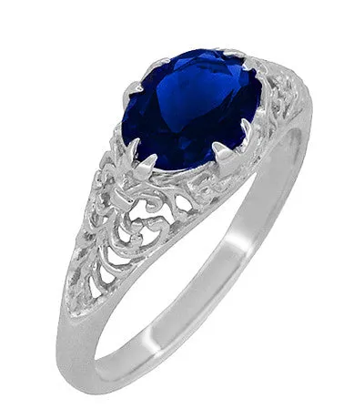 Oval Lab Created Blue Sapphire Filigree Edwardian Promise Ring in Sterling Silver - 1.25 Carats