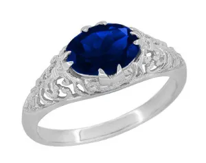 Oval Lab Created Blue Sapphire Filigree Edwardian Promise Ring in Sterling Silver - 1.25 Carats