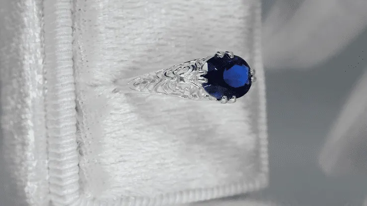 Oval Lab Created Blue Sapphire Filigree Edwardian Promise Ring in Sterling Silver - 1.25 Carats