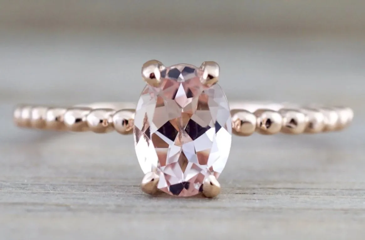 Oval Morganite Ring Bead Design Gold Band  ASPER1430029