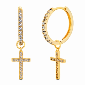 My Bible 18K Yellow Gold Plated Sterling Silver Cubic Zirconia Cross Hoop Earrings Premium Choice Decorative Must-Have