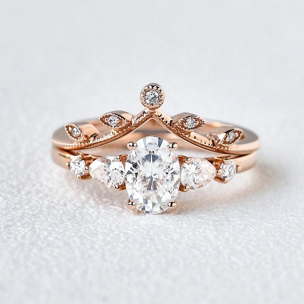 Oval & V Shaped Moissanite  Rose Gold Bridal Set 2pcs Ring Ocean Look Timeless Shine