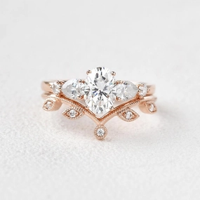 Oval & V Shaped Moissanite  Rose Gold Bridal Set 2pcs Ring Shiny Lines