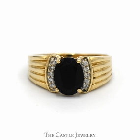 Oval Black Onyx Ring with Diamond Accented Sides in 10k Yellow Gold Ridged Mounting Elegant decoration