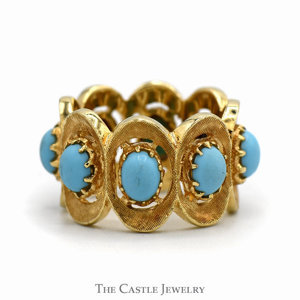 Oval Cabochon Turquoise Eternity Band with Brushed Detail in 14k Yellow Gold Contemporary Insignia High-End Embellishment