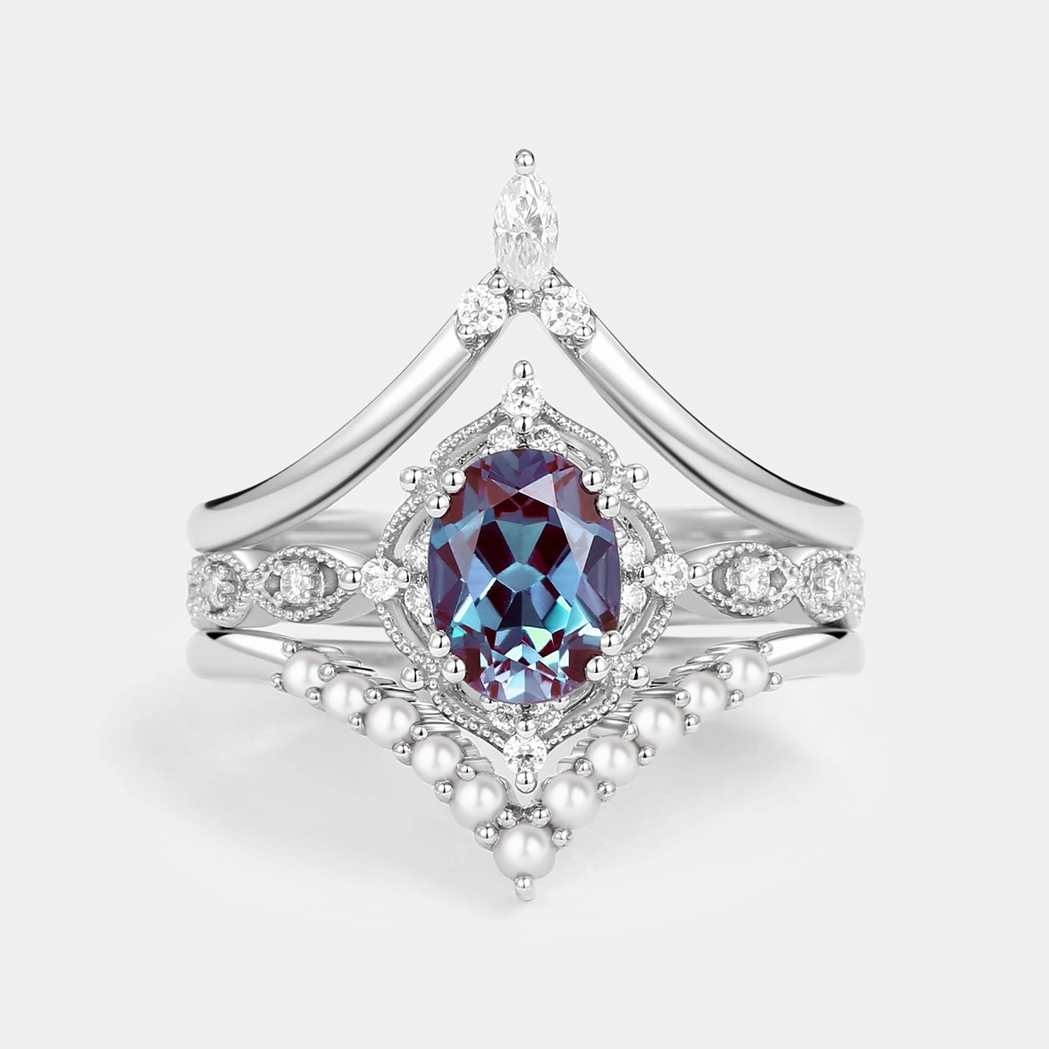 Dainty Sparkle Oval Cut Alexandrite Pearl-fect Vintage Ring Set 3pcs