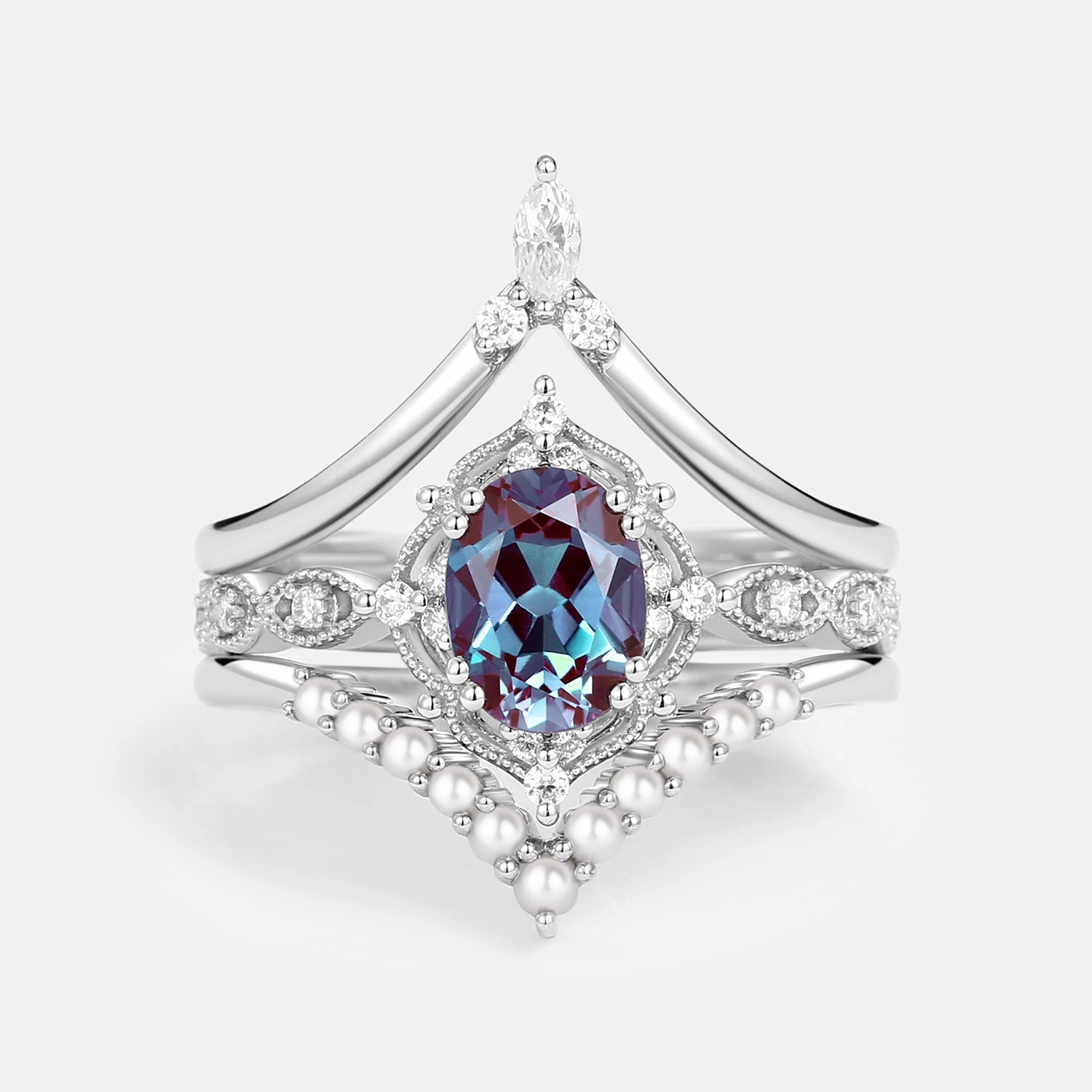 Oval Cut Alexandrite Pearl-fect Vintage Ring Set 3pcs Accent Detail Polished Glow