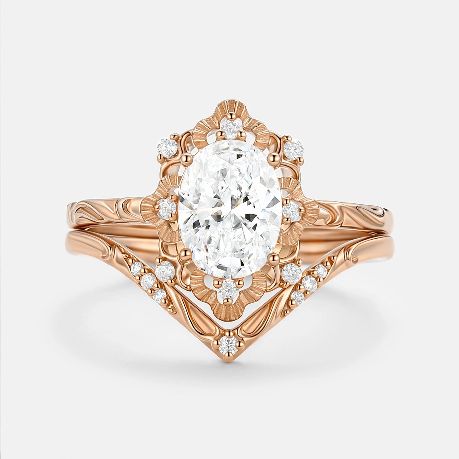 Oval Cut Engraved Lab Grown Diamond Vintage Ring Set 2pcs - Velvet Comfortable Fit Styled Set