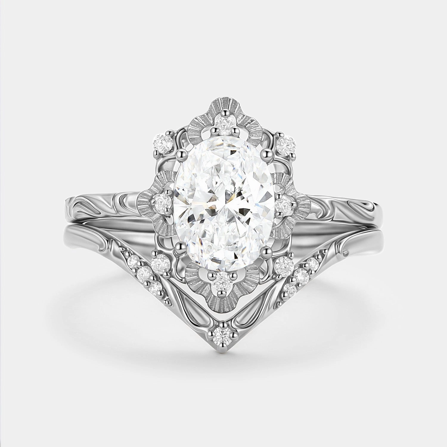 Oval Cut Engraved Lab Grown Diamond Vintage Ring Set 2pcs - Velvet Shining Gem Winter Accent